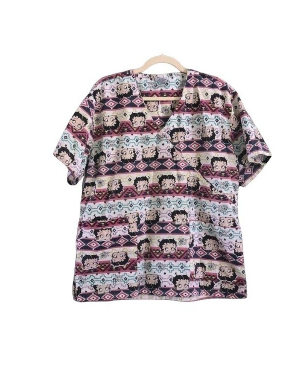 Betty Boop Womens Scrub Top XL Cartoon Print V-Neck Short Sleeve Comfortable